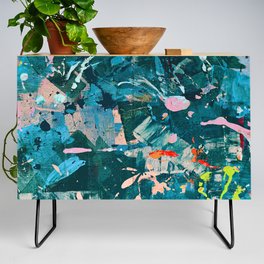 A Cause for Celebration: a colorful abstract design in blue, tan, and neon green by Alyssa Hamilton Art Credenza