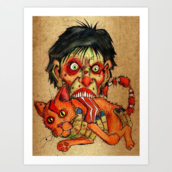 zombie eating bacon cat Art Print
