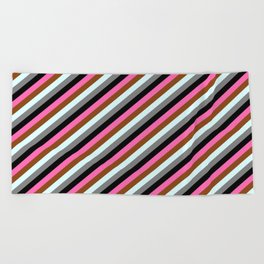 [ Thumbnail: Eye-catching Hot Pink, Brown, Light Cyan, Gray & Black Colored Stripes Pattern Beach Towel ]