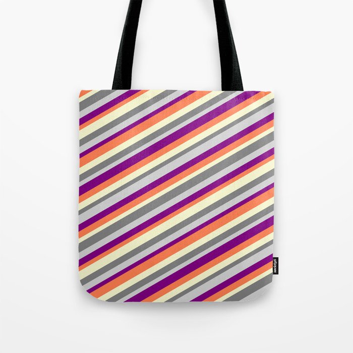 Colorful Light Yellow, Gray, Light Gray, Purple & Coral Colored Lines/Stripes Pattern Tote Bag
