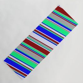 [ Thumbnail: Green, Blue, Lavender, Dark Red, and Dark Gray Colored Stripes Pattern Yoga Mat ]