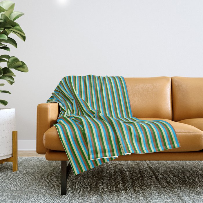 Pale Goldenrod, Deep Sky Blue, Sienna & Dark Green Colored Lined/Striped Pattern Throw Blanket