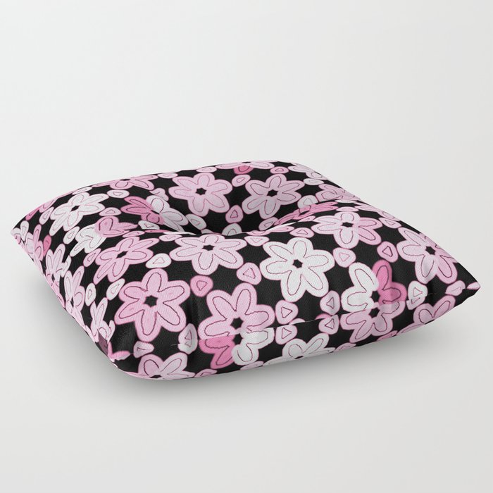 Multicolor Modern Pink Daisies on Black Floor Pillow
