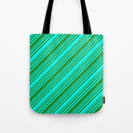 [ Thumbnail: Cyan and Forest Green Colored Lined/Striped Pattern Tote Bag ]