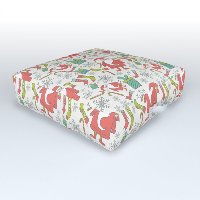 Santa Pattern with Stockings, Christmas Gifts, and Winter Snowflakes Outdoor Floor Cushion