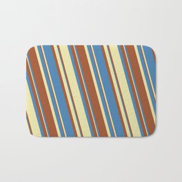 [ Thumbnail: Blue, Pale Goldenrod, and Sienna Colored Stripes/Lines Pattern Bath Mat ]