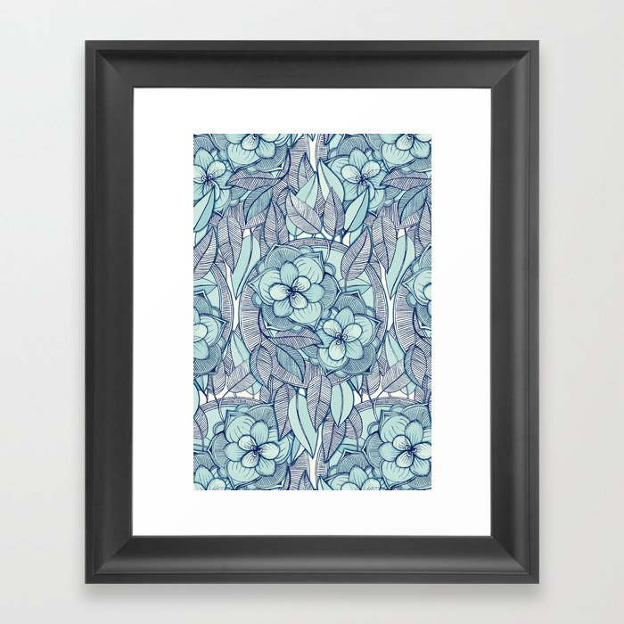 Teal Magnolias - a hand drawn pattern Framed Art Print