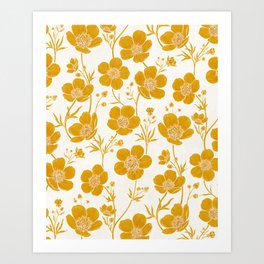 Watercolour Buttercup Flowers Gold & Cream Art Print