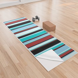 [ Thumbnail: Brown, Dark Turquoise, Light Cyan, Sky Blue, and Black Colored Lines/Stripes Pattern Yoga Towel ]