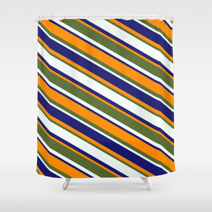 Midnight Blue, Dark Orange, Dark Olive Green, and Mint Cream Colored Pattern of Stripes Shower Curtain