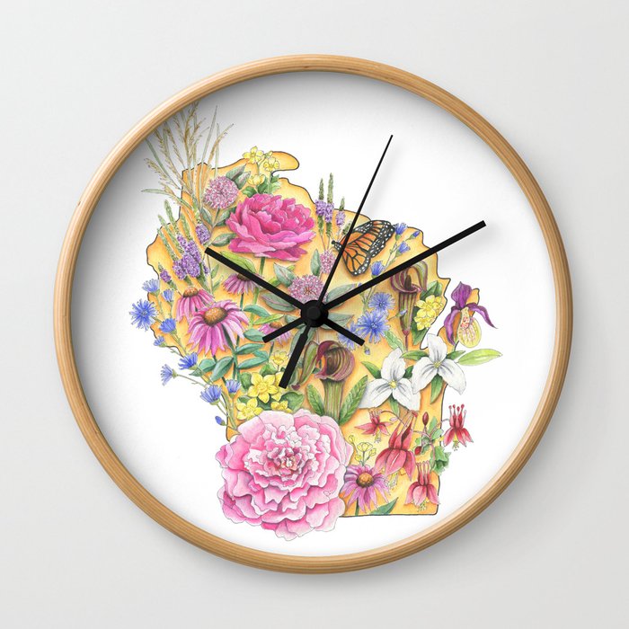 Wisconsin - Floral Watercolor - State of Wisconsin- Wisconsin Art - Wisconsin Flowers - Wisconsin Wall Clock