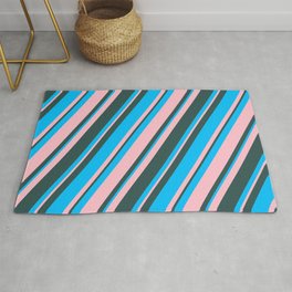 [ Thumbnail: Deep Sky Blue, Pink & Dark Slate Gray Colored Stripes Pattern Rug ]