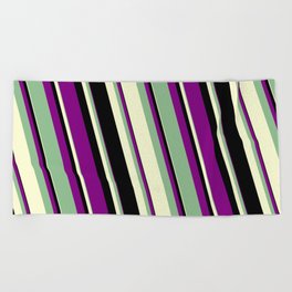 [ Thumbnail: Purple, Dark Sea Green, Light Yellow & Black Colored Lines/Stripes Pattern Beach Towel ]