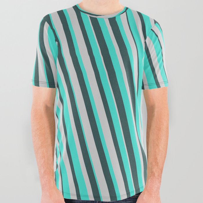 Turquoise, Dark Slate Gray, and Light Gray Colored Pattern of Stripes All Over Graphic Tee