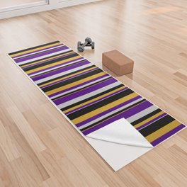 [ Thumbnail: Goldenrod, Black, Light Grey & Indigo Colored Lined/Striped Pattern Yoga Towel ]