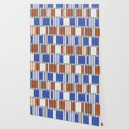 Bold minimalist retro stripes // midnight blue orange and electric blue geometric grid  Wallpaper