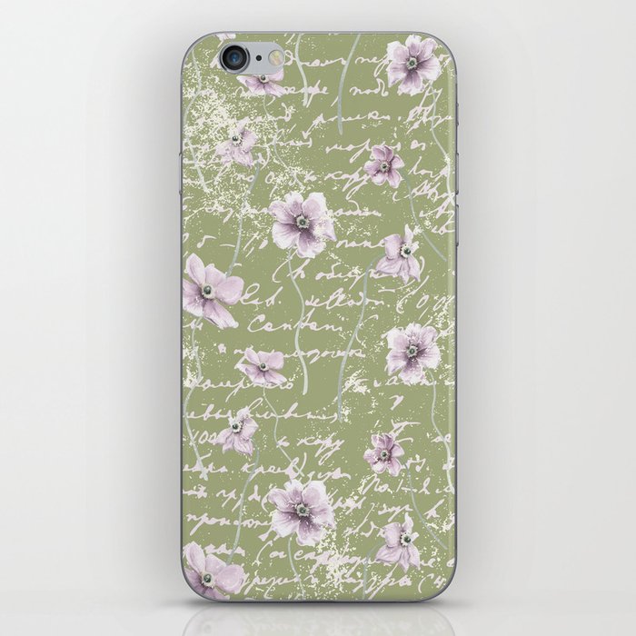 Watercolor Cosmos Flowers on Sage Green iPhone Skin