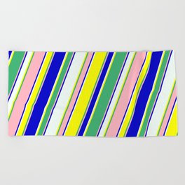 [ Thumbnail: Eyecatching Mint Cream, Yellow, Sea Green, Light Pink & Blue Colored Lines/Stripes Pattern Beach Towel ]