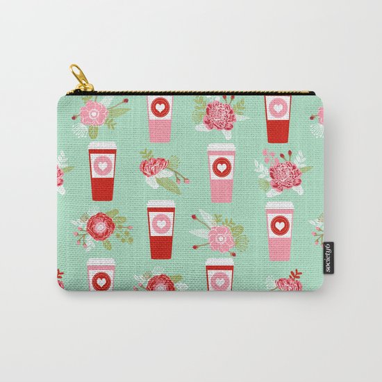 Coffee valentines day gifts mint and pink floral bouquet flowers pattern print Carry-All Pouch