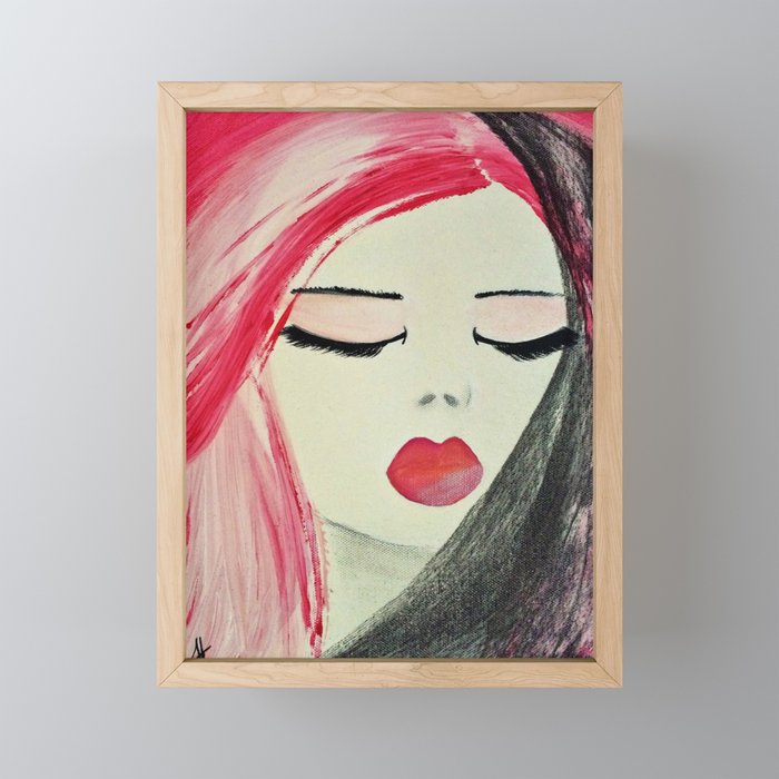 Shy Girl. Abstract Pink Girl. Pink Lips. Pink Hair. Jodilynpaintings. Eyelashes. Gift for All Girls. Framed Mini Art Print