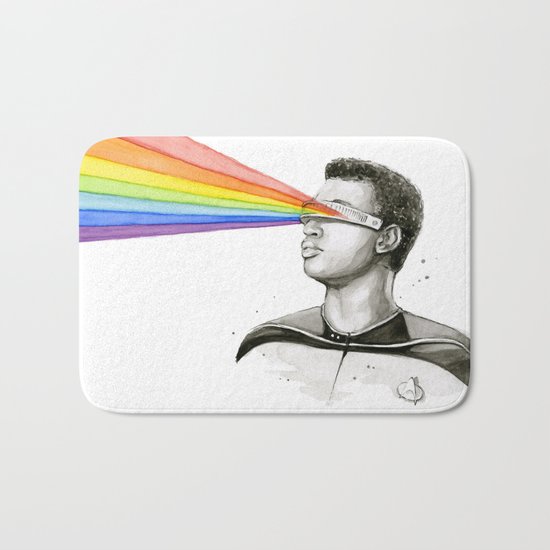 Geordi Rainbow Watercolor Portrait Geek Sci-fi Bath Mat