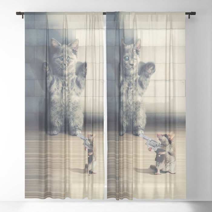 Funny Cat Scared Of A Mouse With Firearm Sheer Curtain By Jcdesigning