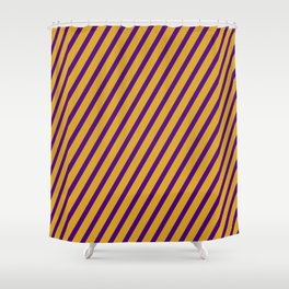 [ Thumbnail: Indigo and Goldenrod Colored Lined Pattern Shower Curtain ]