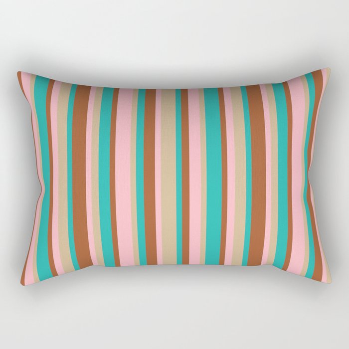 Sienna, Light Sea Green, Tan & Light Pink Colored Stripes Pattern Rectangular Pillow