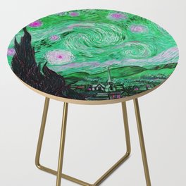 The Starry Night - La Nuit étoilée oil-on-canvas post-impressionist landscape masterpiece painting in alternate green and purple by Vincent van Gogh Side Table