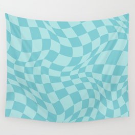 Warped Checkered Pattern in Aqua Blue, Wavy Checkerboard Wall Tapestry