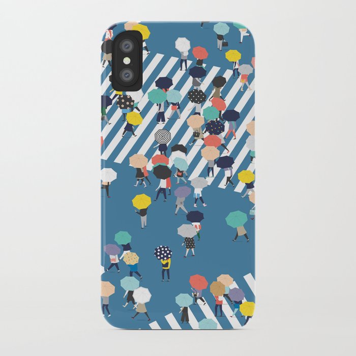 crossing the street on a rainy day - blue iphone case