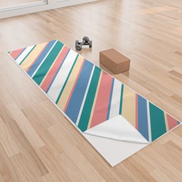 [ Thumbnail: Light Coral, Tan, Teal, White & Blue Colored Striped/Lined Pattern Yoga Towel ]