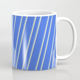 [ Thumbnail: Royal Blue, Cornflower Blue & Pale Goldenrod Colored Lined Pattern Coffee Mug ]
