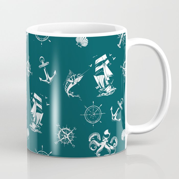 Teal Blue And White Silhouettes Of Vintage Nautical Pattern Coffee Mug