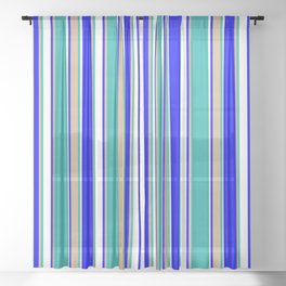 [ Thumbnail: Blue, Tan, Light Sea Green, and White Colored Striped Pattern Sheer Curtain ]