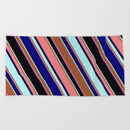 [ Thumbnail: Eyecatching Turquoise, Sienna, Light Coral, Blue, and Black Colored Lined Pattern Beach Towel ]