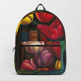 colorful parrot tulips in vase, pink, ameythst, gold yellow, crimson red floral blossoms still life portrait painting by Mark Gertler for home - wall decor Backpack