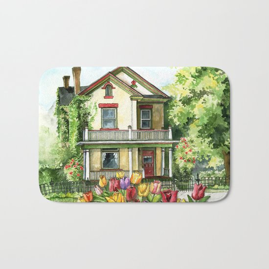 Farmhouse with Spring Tulips Bath Mat