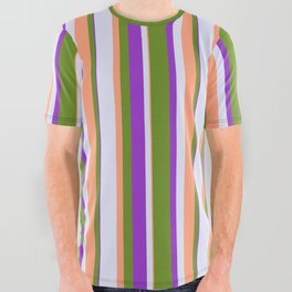 [ Thumbnail: Green, Light Salmon, Lavender & Dark Orchid Colored Stripes Pattern All Over Graphic Tee ]