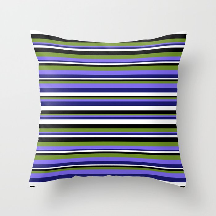 Eye-catching Black, Green, Medium Slate Blue, Midnight Blue, and White Colored Stripes/Lines Pattern Throw Pillow