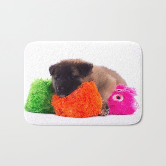 Puppy with colored toys Bath Mat