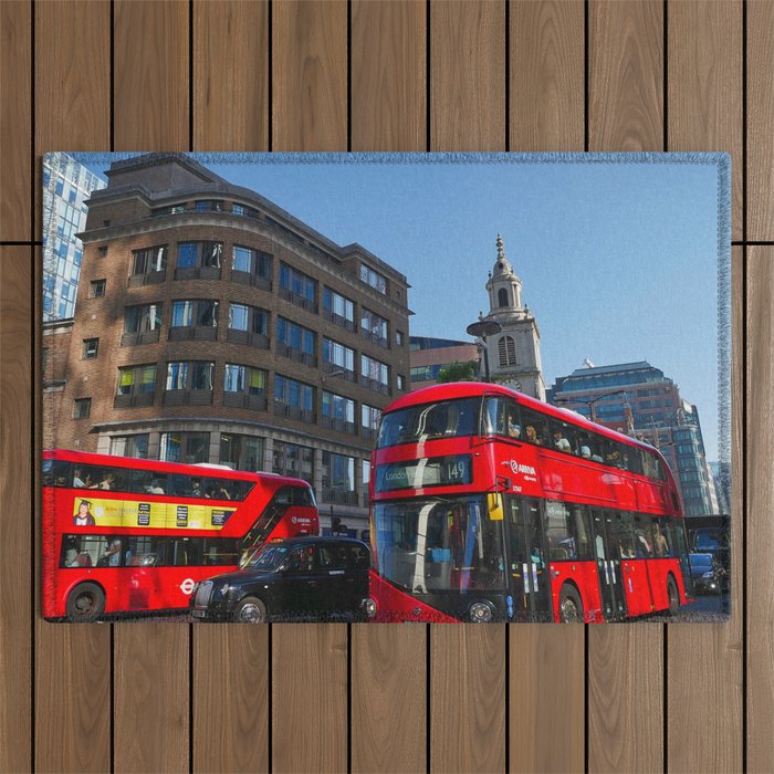Great Britain Photography - Red Double Decker Buses In Down Town London  Outdoor Rug