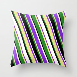 [ Thumbnail: Purple, Tan, Forest Green, Black, and White Colored Lined/Striped Pattern Throw Pillow ]