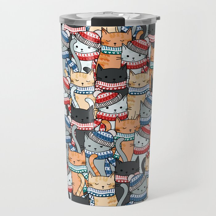 Cats in Winter Scarves & Hats Pattern Travel Mug