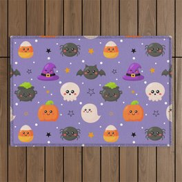 Halloween Seamless Pattern with Funny Spooky on Purple Background Outdoor Rug