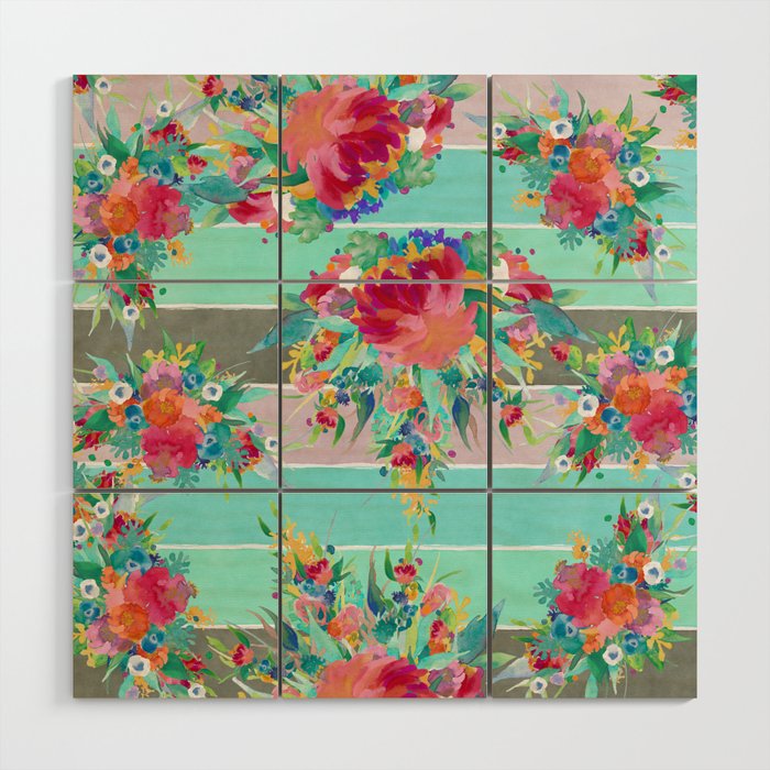 Watercolor Pink Orange Teal Blue Hand Painted Floral Stripes Wood Wall Art