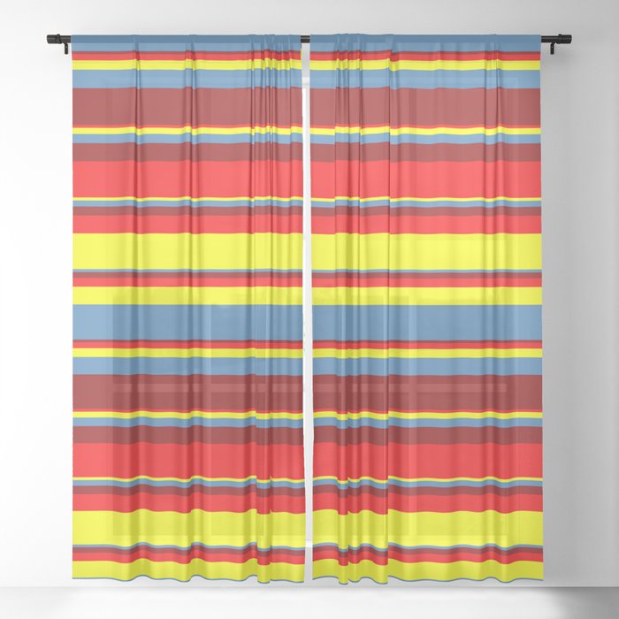 Red, Yellow, Blue & Dark Red Colored Stripes/Lines Pattern Sheer Curtain