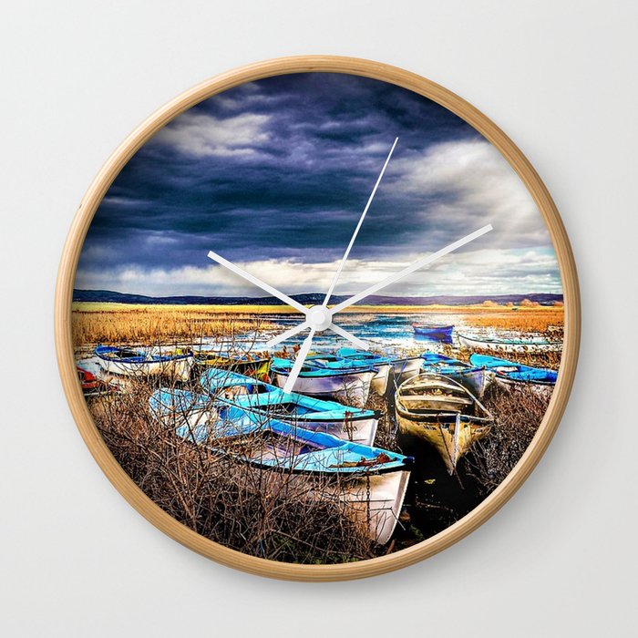 Blue Boats on the Shore Wall Clock