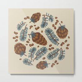 Pattern of coniferous twigs, nuts and cones (earthy) Metal Print | Pinecone, Eco, Christmaspattern, Forest, Twigpattern, Nature, Needles, Coniferousforest, Xmas, Earthyshade 