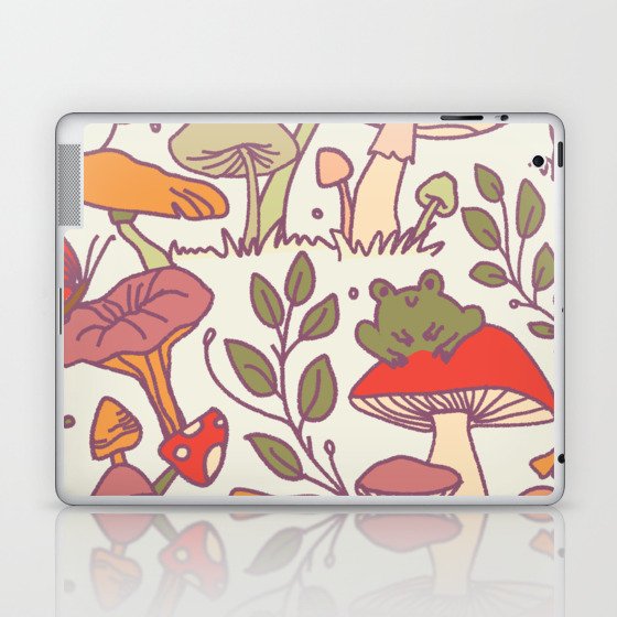 Mushroom and cute frog wild cottage core foraging vintage aesthetic pattern Laptop & iPad Skin
